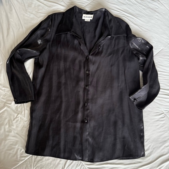 Joan Leslie Tops - Joan Leslie Women's Black Satin Silky Button Down Shirt Gem Buttons